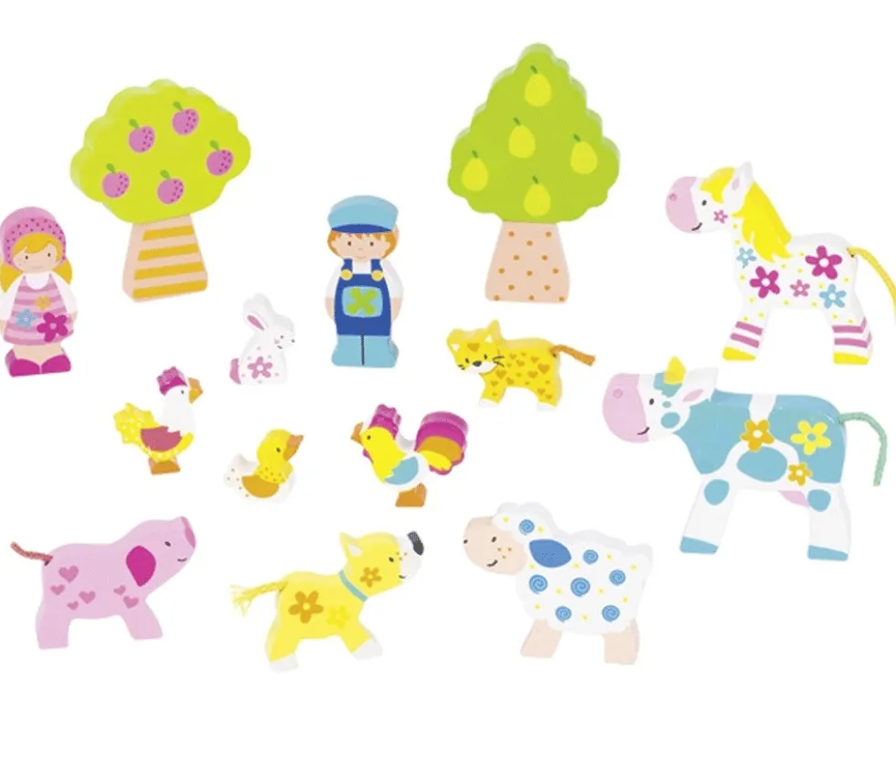 14 figurines bois : personnages et animaux de la ferme colorés