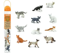 11 figurines chats dans un tube de rangement