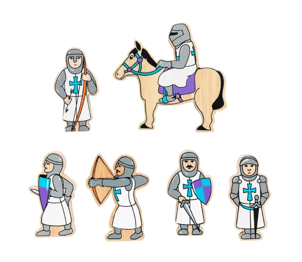6 Figurines chevaliers en bois bleus et blancs personnage jeu