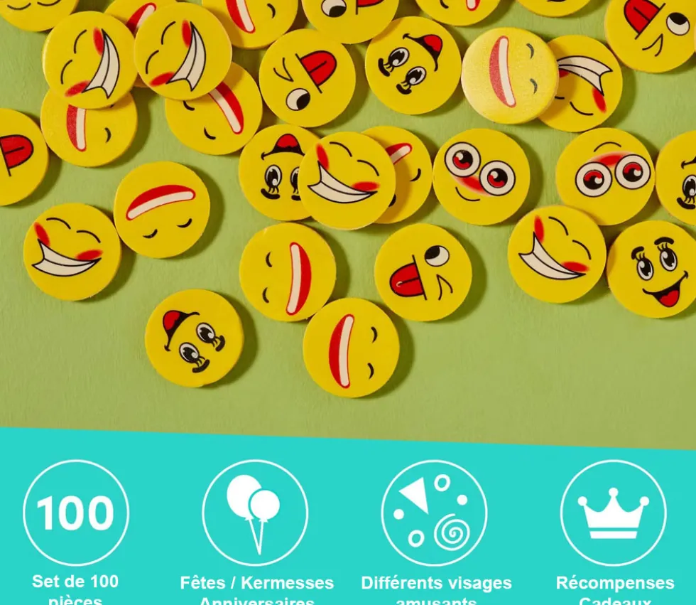 100 gommes emojis visages rigolos 2,5 cm