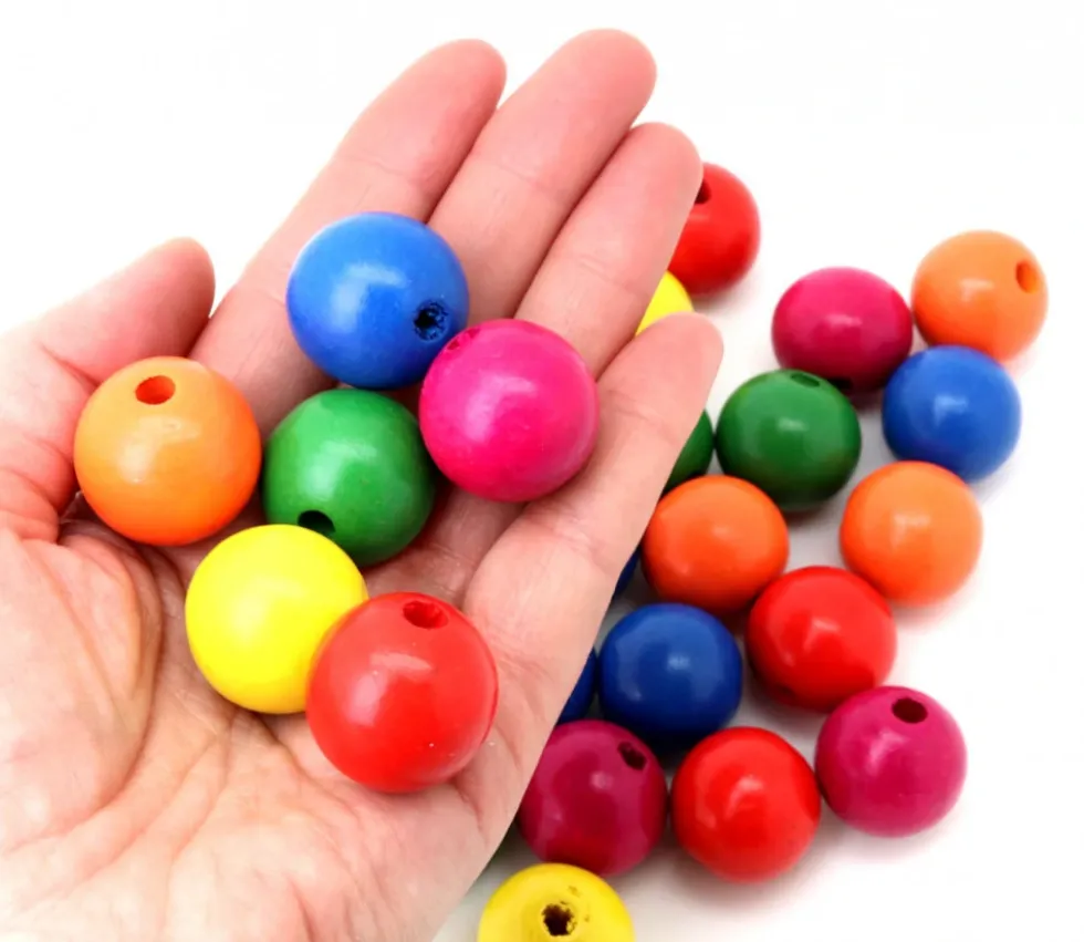 25 grosses perles rondes en bois 7 couleurs 25 mm de diamètre