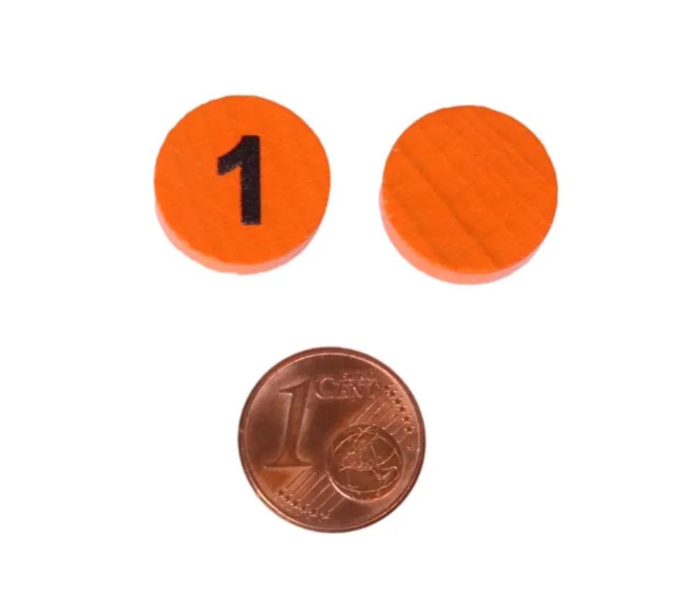 Jeton bois numéro 1 rond plat de 21 x 4 mm orange