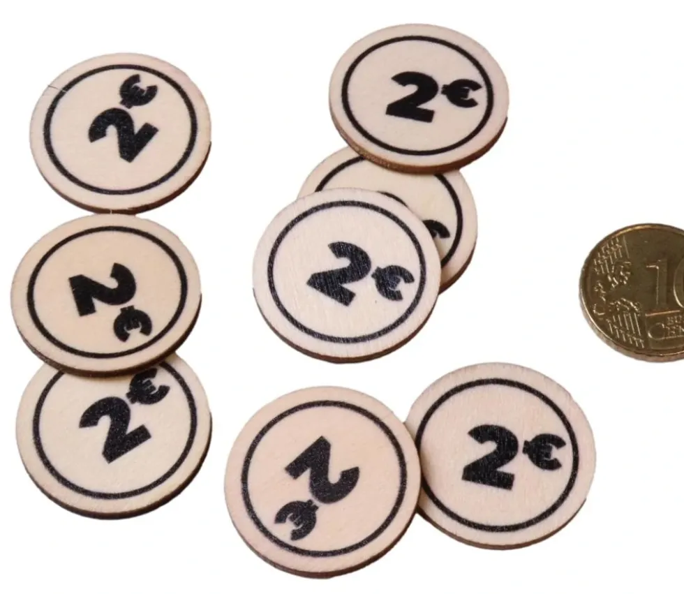 500 jetons en bois 2 € - 2.5 cm