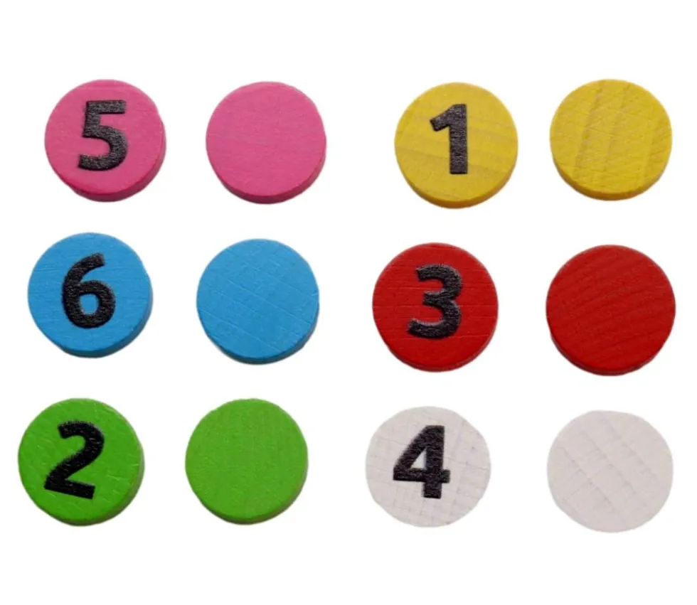 36 jetons numérotés 1 à 6 x 6 couleurs en bois