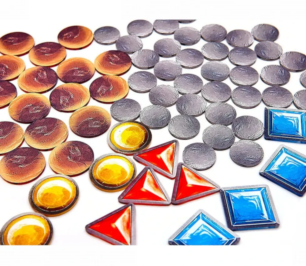 80 jetons ronds / carrés / trianges pour mise de jeu