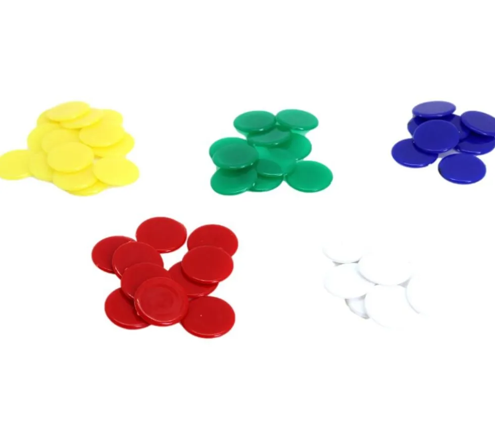 100 jetons ronds 1.7 cm en plastique - 5 couleurs
