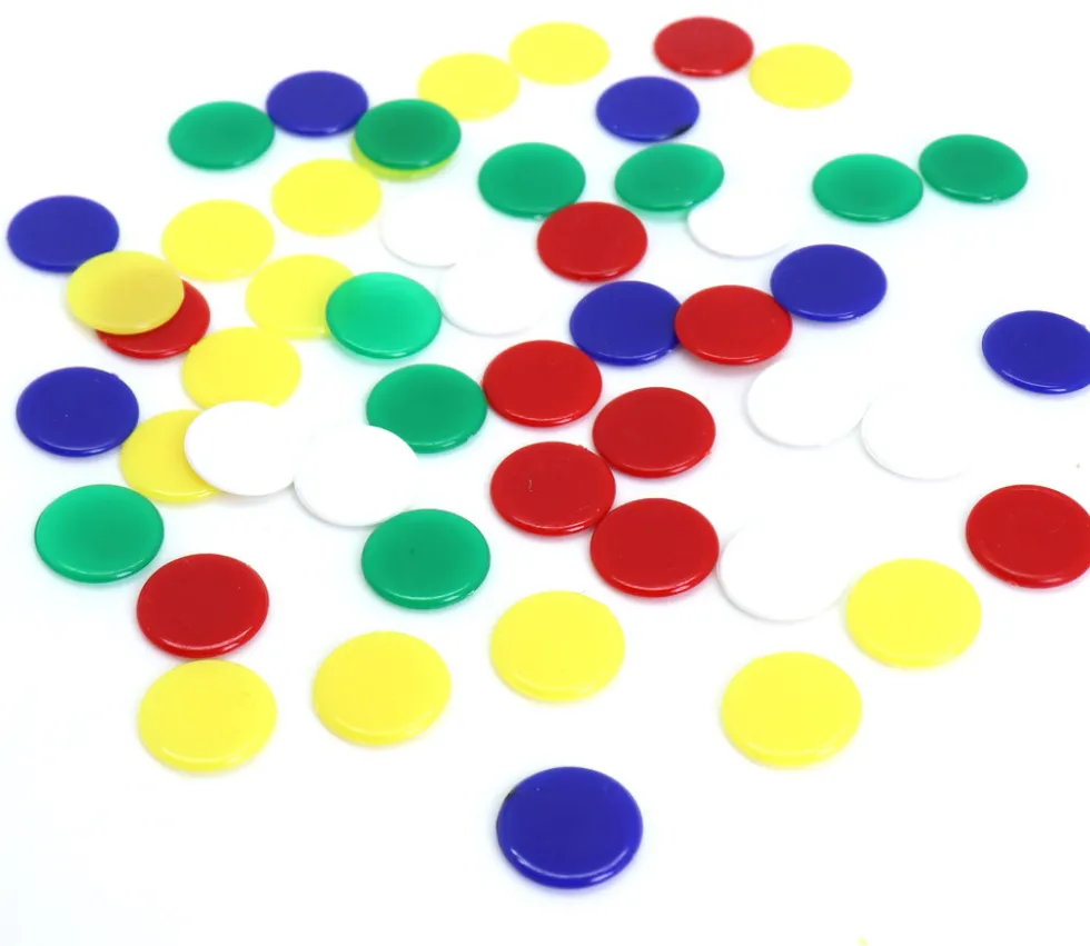 100 jetons ronds 1.7 cm en plastique - 5 couleurs