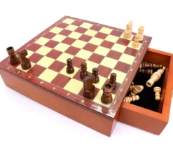 Jeu échecs magnétiques 19.5 cm bois plateau marqueterie avec tiroir