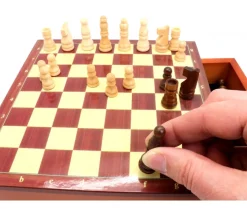 Jeu échecs magnétiques 19.5 cm bois plateau marqueterie avec tiroir