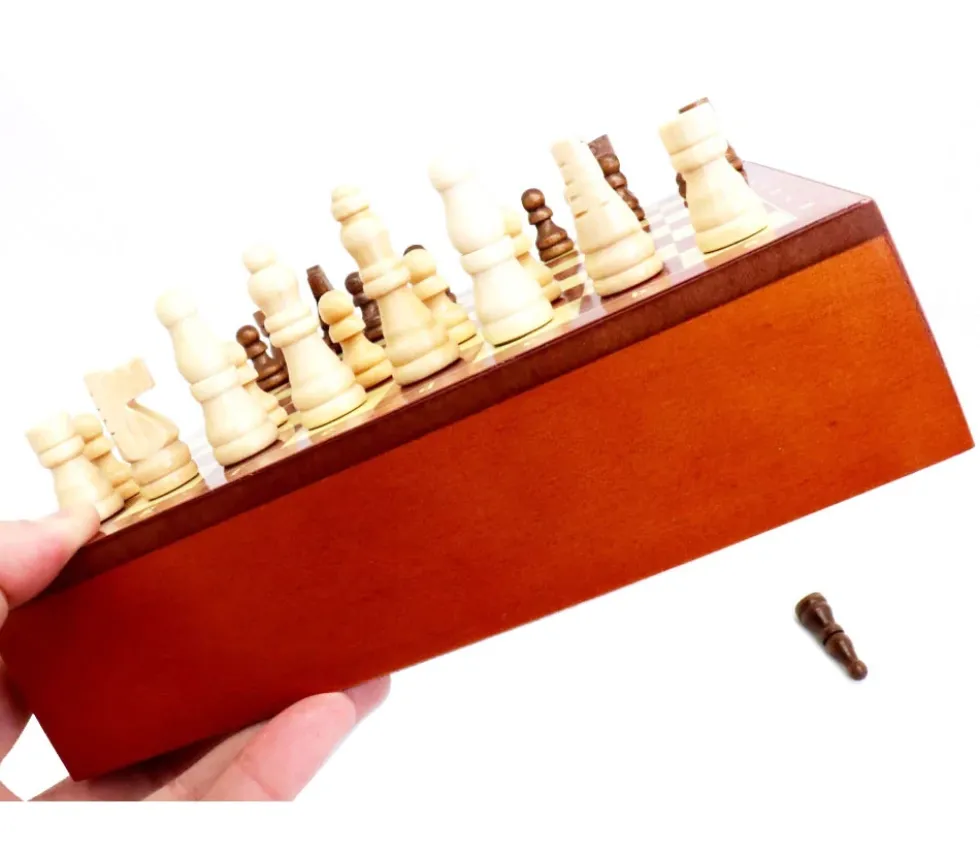 Jeu échecs magnétiques 19.5 cm bois plateau marqueterie avec tiroir