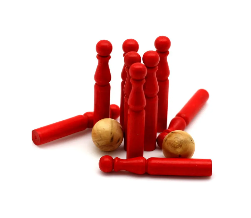 Jeu de 9 Mini Quilles bois en rouge 6.5 cm + 2 boules