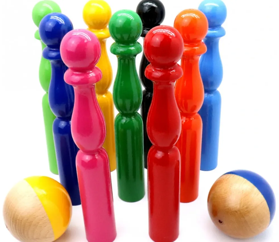 Jeu 9 quilles bois multicolores 19 cm + 2 boules