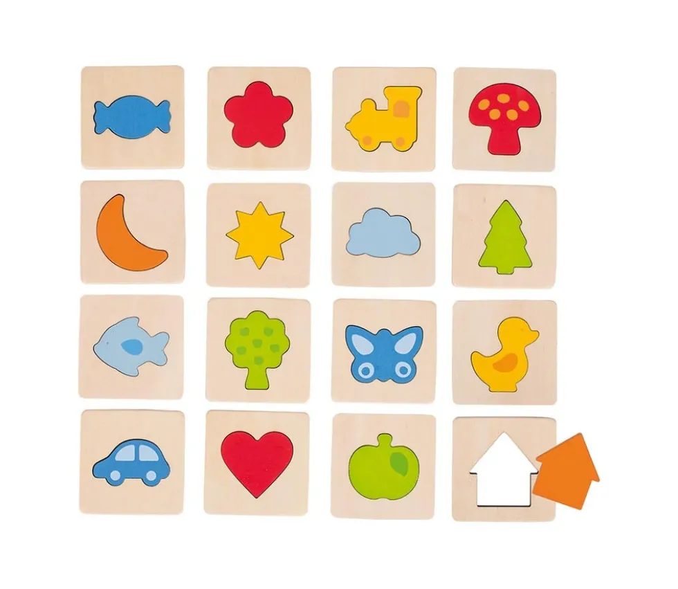 Jeu silhouette en bois formes et objets mémo tactile 32 pièces