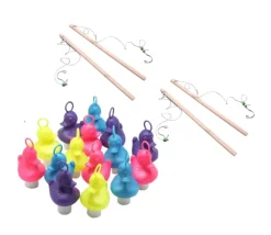 Kit de pêche aux canards avec 24 gros canards 15 cm multicolores en plastique et 4 cannes à pêche