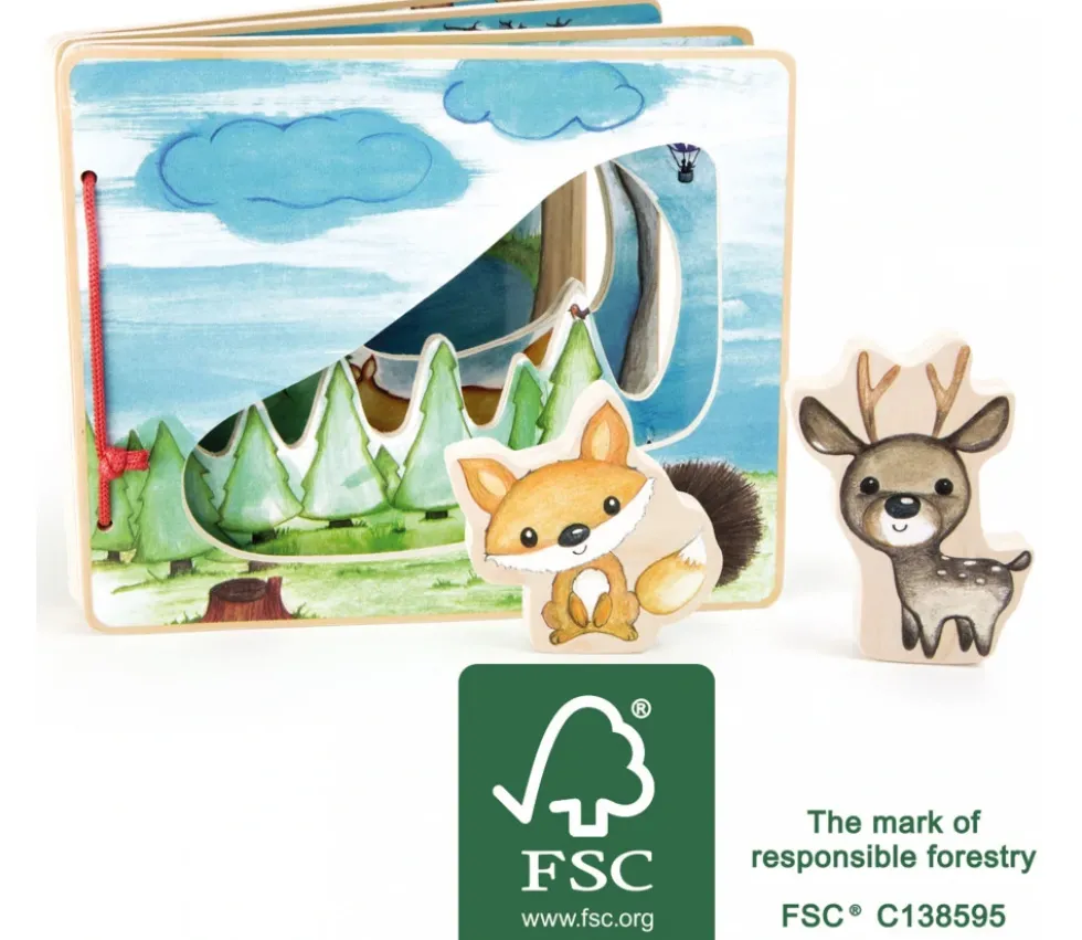 Livre en bois images de la forêt avec renard et cerf pour histoire