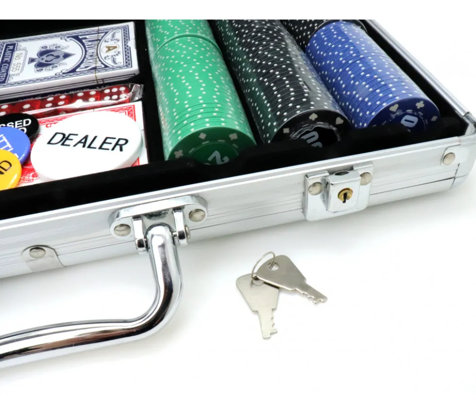 Mallette de Poker avec 300 jetons , 2 jeux de Cartes, 5 dés