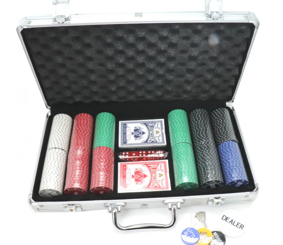 Mallette de Poker avec 300 jetons , 2 jeux de Cartes, 5 dés