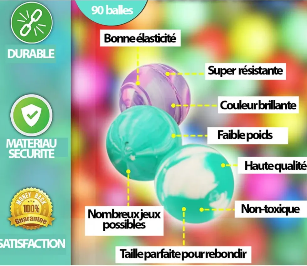90 mini balles marbrées rebondissantes Ø 2.5 cm caoutchouc souple