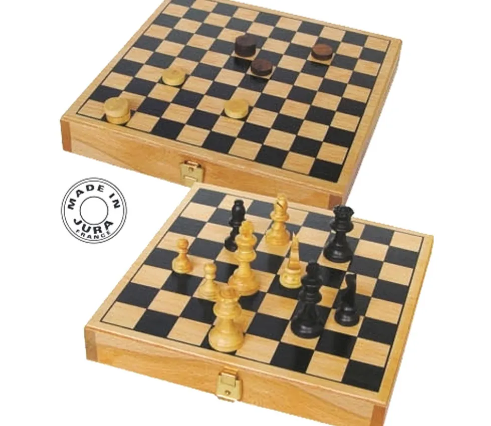 Mini coffret Dames et échecs jeu recto-verso 21 x 21 cm français