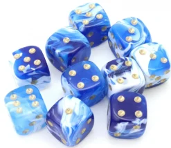 Mini Dé marbré bleu 12 mm points dorés