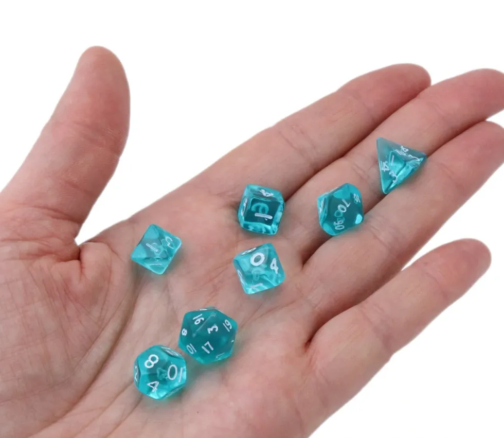 7 MINI dés multi-faces translucides turquoise