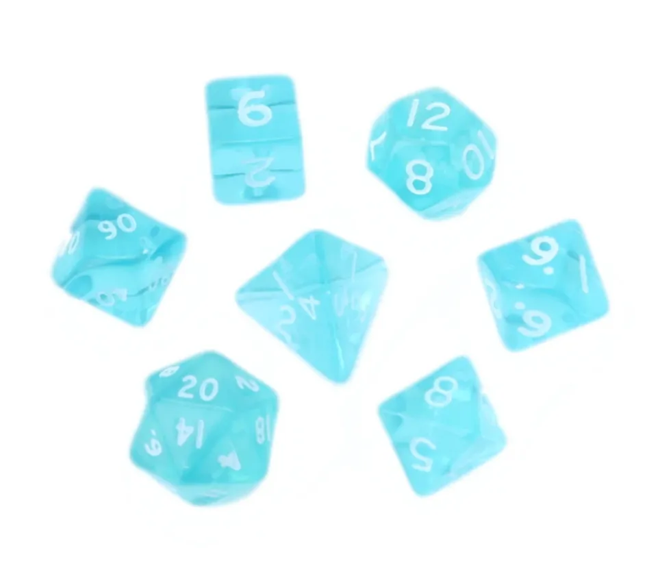 7 MINI dés multi-faces translucides turquoise