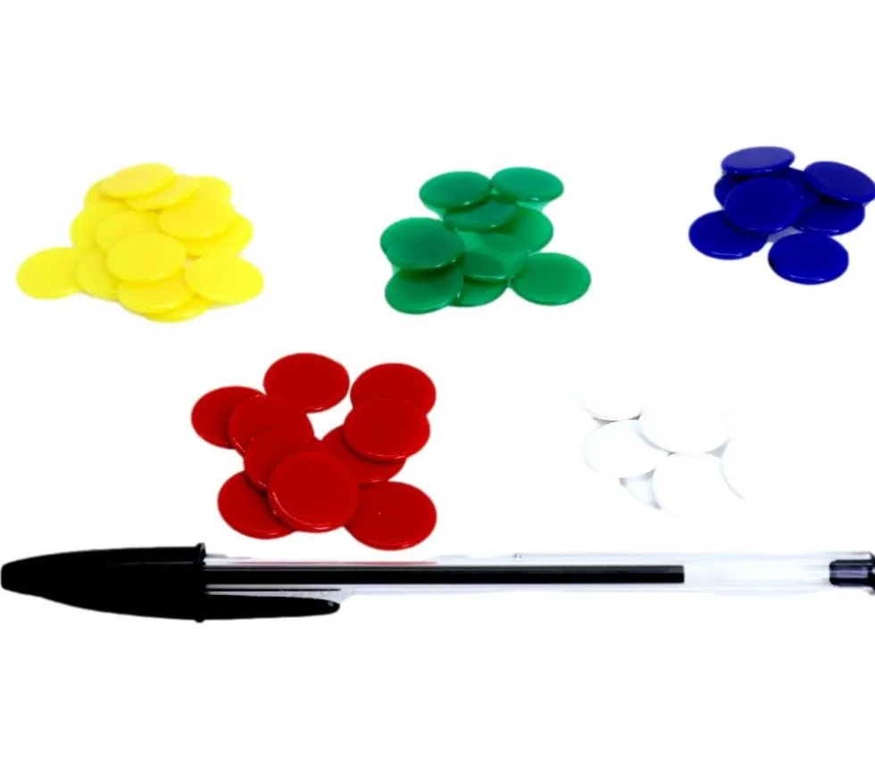 45 mini jetons ronds 1.7 cm en plastique - 5 couleurs