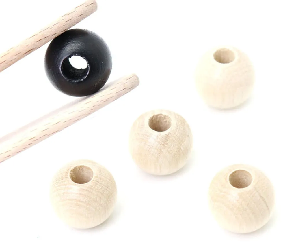 20 perles boules en bois de 2 cm - noir blanc et naturel