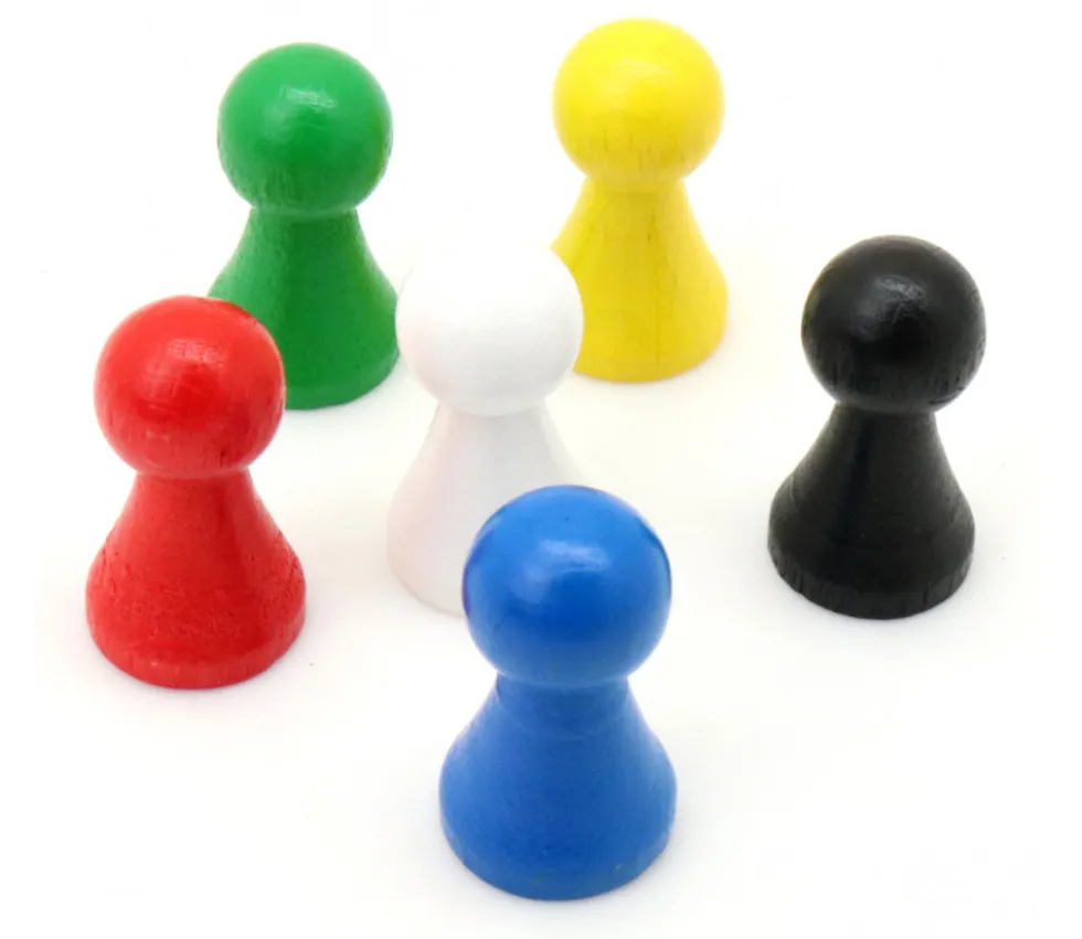 6 Pions bois 15 x 27 mm multicolores pour jeu - lot de 6 (rouge, vert, jaune, bleu, blanc et noir) modèle B