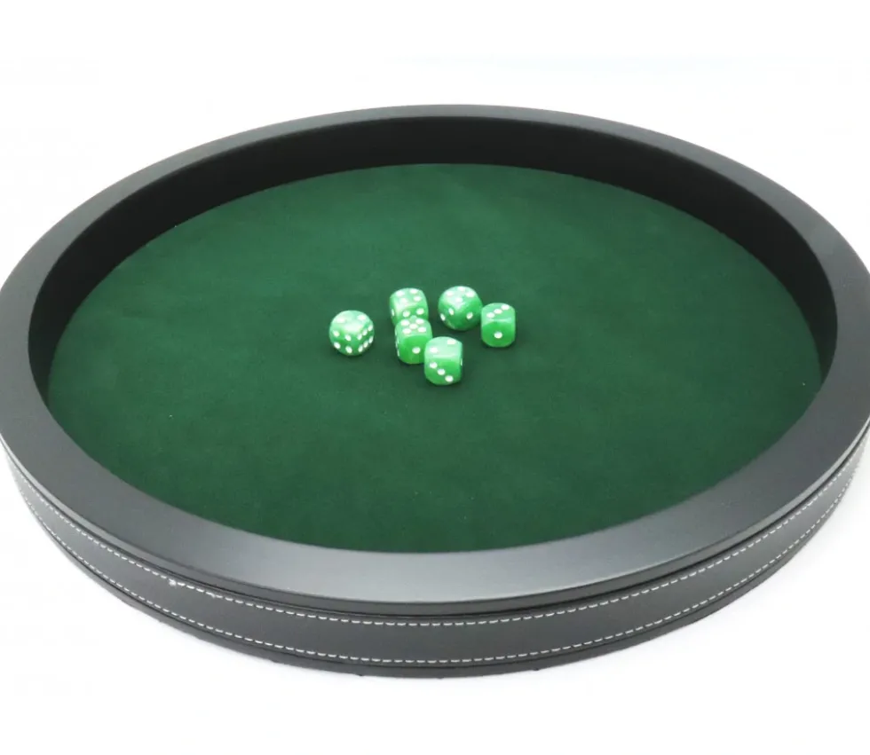 Piste de dés luxe verte et noire 40 cm tour imitation cuir avec 5 dés
