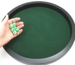 Piste de dés luxe verte et noire 40 cm tour imitation cuir avec 5 dés