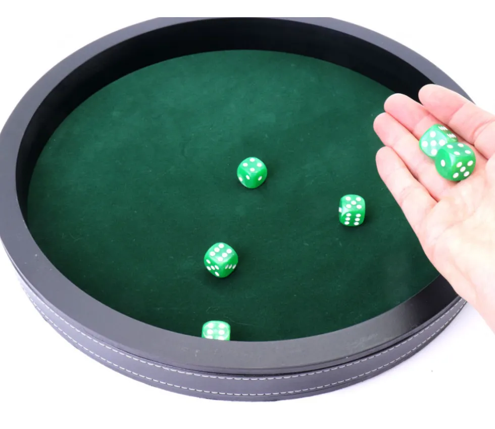 Piste dés 34 cm noire et verte tour tissu cuir avec 5 dés