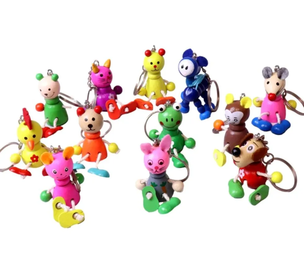 12 Porte-clés animaux bois colorés