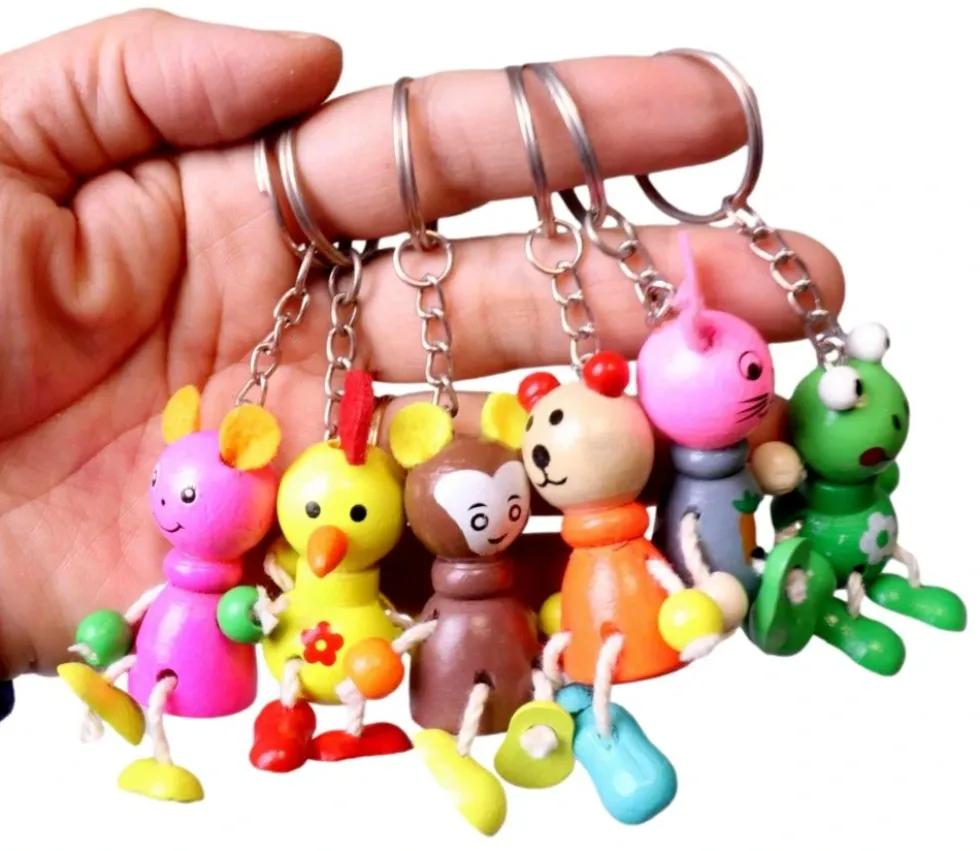 12 Porte-clés animaux bois colorés