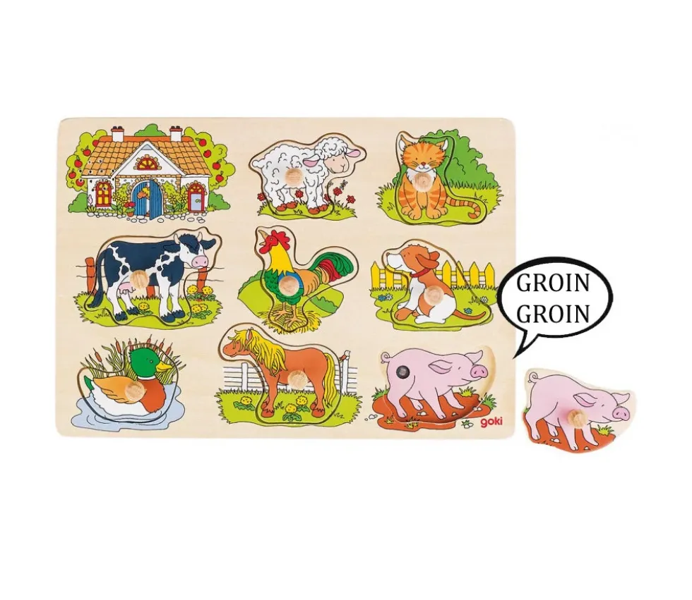 Puzzle en bois sonore animaux de la ferme 8 pièces à encastrer