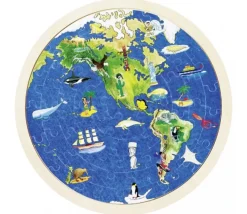 Puzzle rond en bois 57 pièces double face : les continents vus du ciel