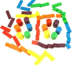 Sachet 108 Jetons jeux bois multicolores : rond, petits rectangles et grands rectangles pour mise