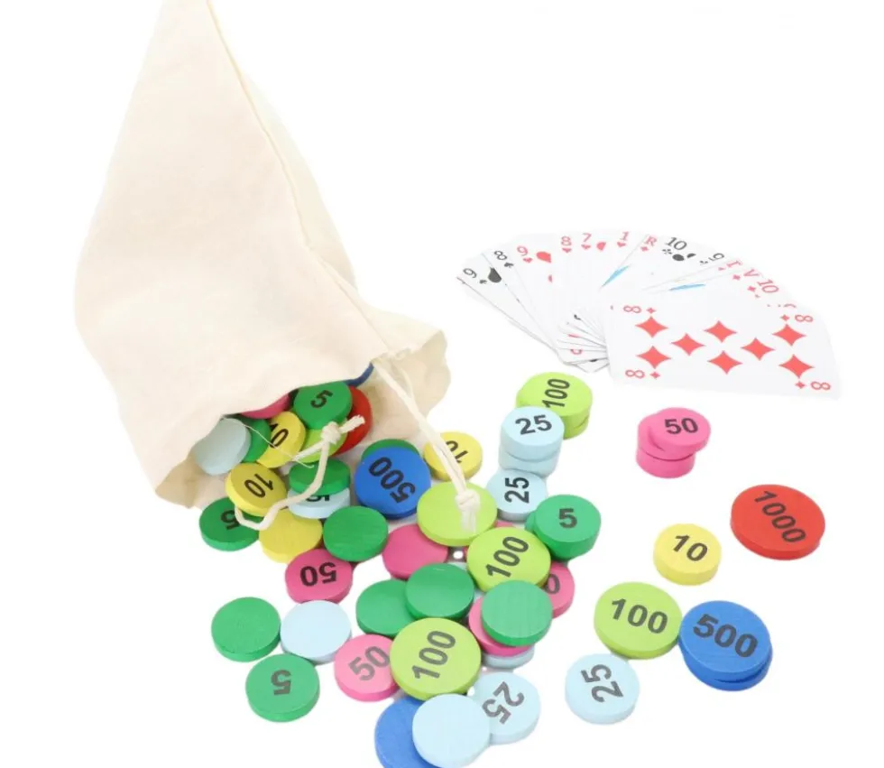 Sac 100 jetons bois de 5 à 1000 mise pour jeux belote/tarot