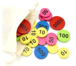 Sac 50 jetons bois numérotés de 10 à 1000 BELOTE TAROT