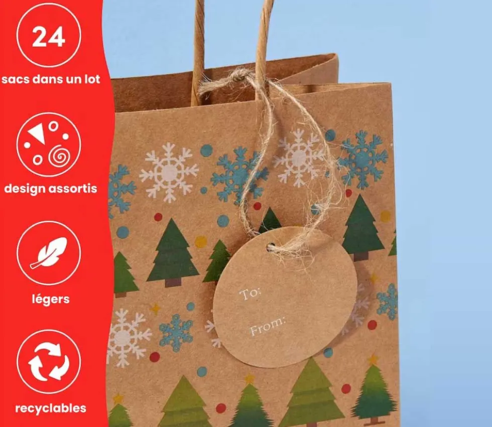 24 Sacs cadeau Noël kraft avec anse à garnir