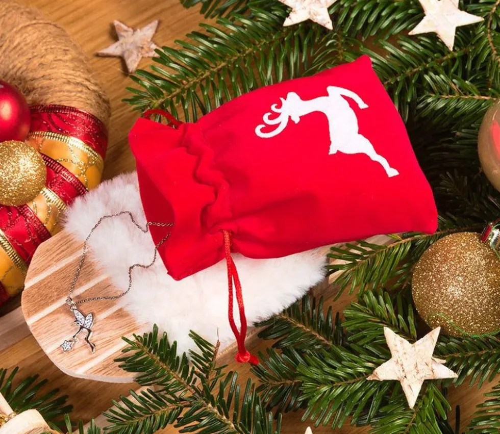 Sac velours rouge 10 x 13 cm cerf blanc - renne noël