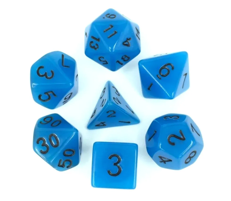 Set 7 dés multi-faces bleu phosphorescents