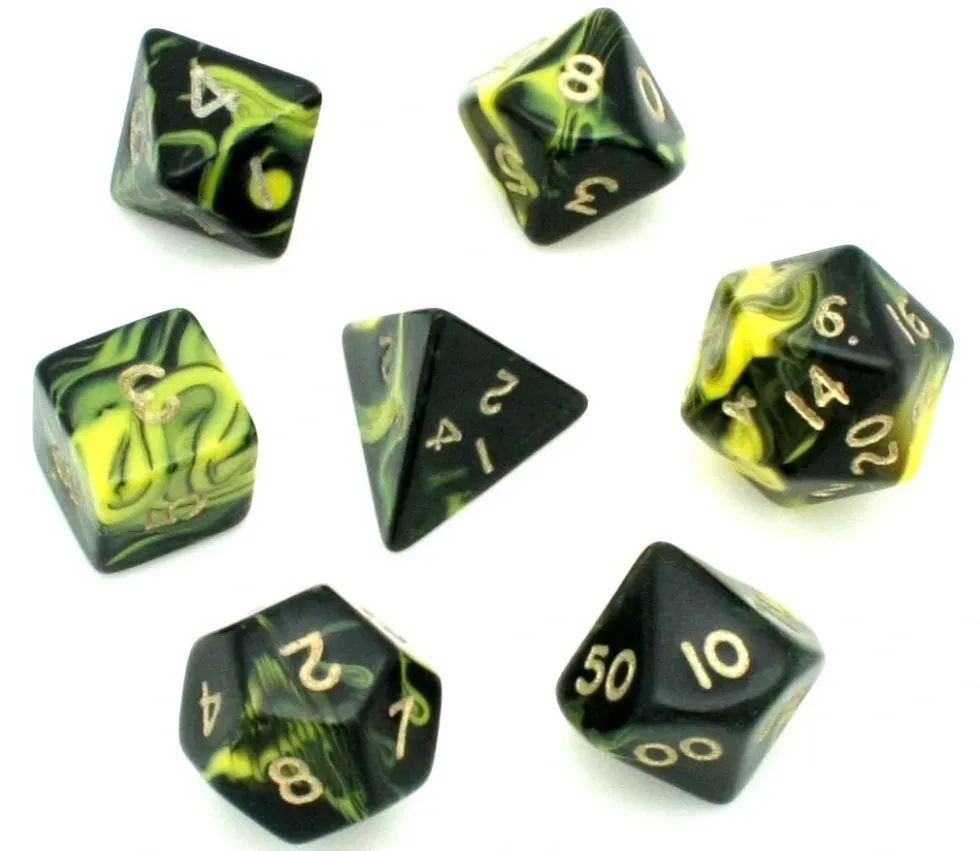Set 7 dés multi-faces marbrés JAUNE/NOIR