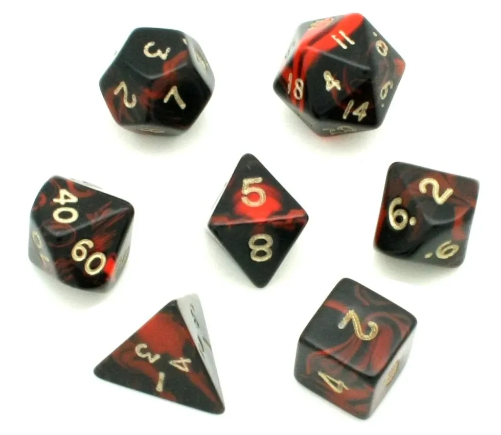 Set 7 dés multi-faces marbrés ROUGE/NOIR