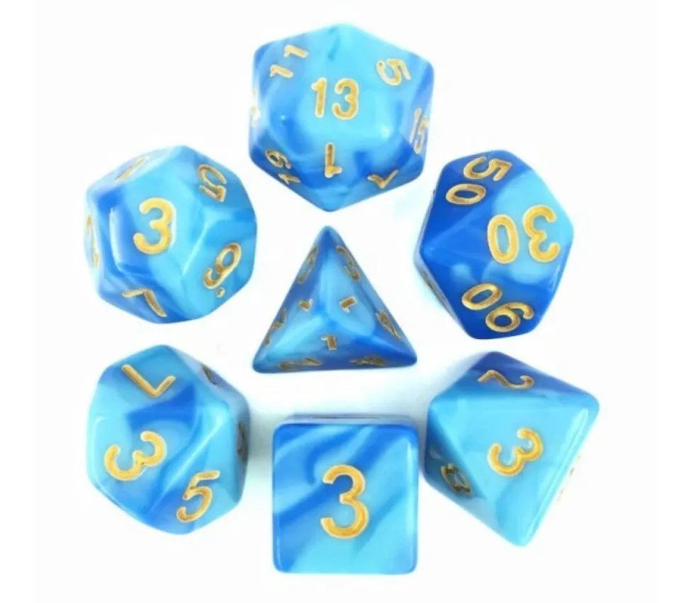Set 7 dés multi-faces nacrés bleus