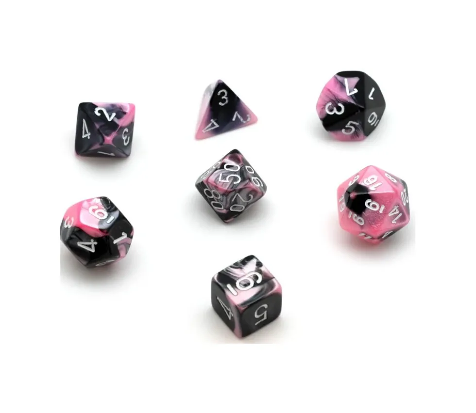 Set 7 dés multi-faces noir et rose