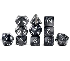 Set 11 dés multi-faces noirs nacrés (chiffres blancs)