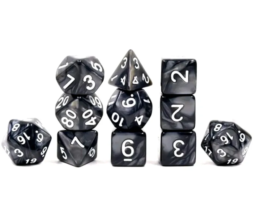Set 11 dés multi-faces noirs nacrés (chiffres blancs)