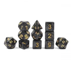 Set 11 dés multi-faces noirs nacrés (chiffres dorés)