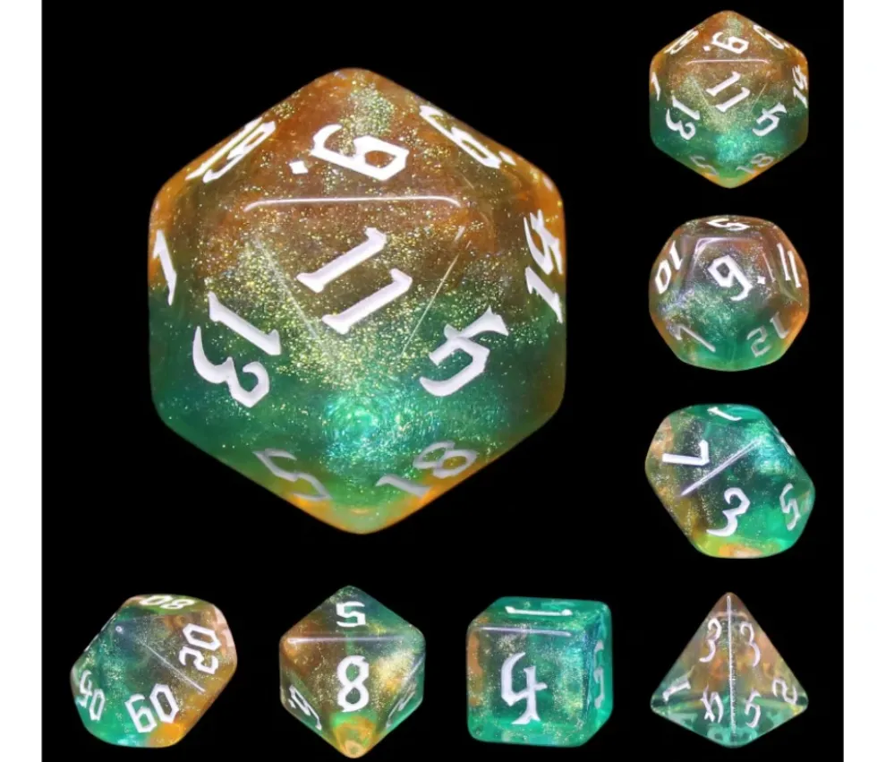 Set 7 dés multi-faces - Tranquil World marron vert